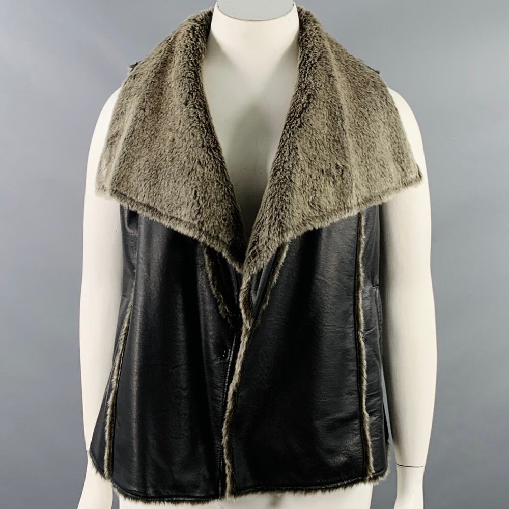 TRIBES Size L Black Grey Leather Faux Fur Open Front Vest
